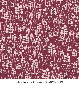 Seamless background with branches of beautiful hand-drawn silhouette berry buds in red and tan colors. Vector illustration
