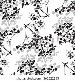 Seamless background with branches of beautiful hand-drawn silhouette gypsophila in black and white colors. Vector illustration