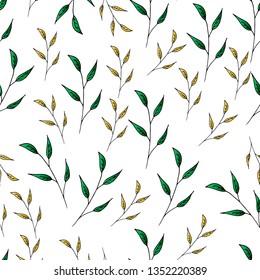 Seamless background with branches of gradient green and yellow leaves. Endless pattern on white background for your design. Vector image.
