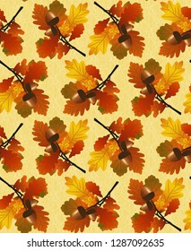 Seamless background with branches of oak and acorns.