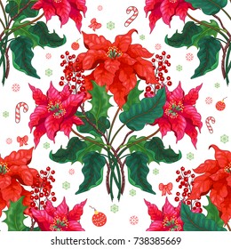 Seamless background with branches of poinsettia flowers and holly berries. Christmas winter ornament