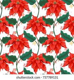 Seamless background. Branches of red poinsettia flowers - Christmas stars on winter ornament. Pattern contains stars, candies, mittens, Christmas toys and snowflakes