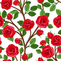Seamless Background With Branches Of Red Roses. Vector Illustration.