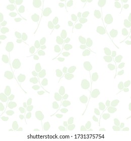 Seamless background with branches of Silver Dollar eucalyptus.Tropical seamless pattern of eucalyptus branches with green leaves on white. Pattern of branches with green leaves. Vector illustration.