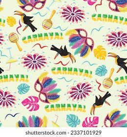 Seamless background for Brazilian carnival party with tropical Brazilian elements and toucan. For textile, paper, wrapping paper, packing