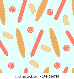 Seamless background, bread and sausage. Vector illustration flat design.
