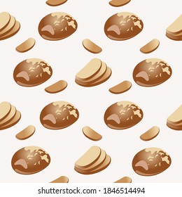 Seamless background of bread with sliced ​​slices. Vector illustration isolated on a beige background. Texture for fabrics, textiles, menus, packaging, website, etc.
