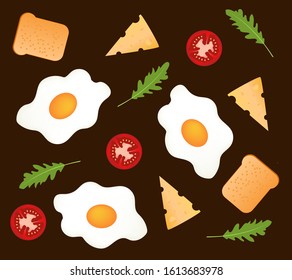 Seamless background breakfast egg, cheese, arugula, bread, tomato. Background fill food. 