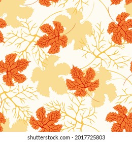 Seamless background with bright, autumn maple leaves. Vector illustrations for wallpaper design, fabric, tiled printing, decor, packaging, linen products, trendy decoration materials