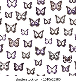 Seamless background from bright butterflies. Beautiful colorful butterflies chaotically fly. Seamless multicolored background with flying moths. Suitable for fabric, paper, packaging.