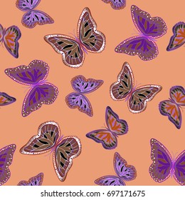Seamless background from bright butterflies. Beautiful colorful butterflies chaotically fly. Seamless multicolored background with flying moths. Suitable for fabric, paper, packaging.