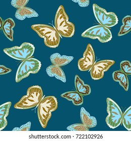 Seamless background from bright butterflies. Beautiful colorful butterflies chaotically fly. Seamless multicolored background with flying moths. Suitable for fabric, paper, packaging.