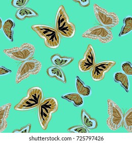 Seamless background from bright butterflies. Beautiful colorful butterflies chaotically fly. Seamless multicolored background with flying moths. Suitable for fabric, paper, packaging.