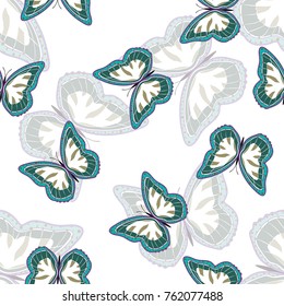 Seamless background from bright butterflies. Beautiful colorful butterflies chaotically fly. Seamless multicolored background with flying moths. Suitable for fabric, paper, packaging.