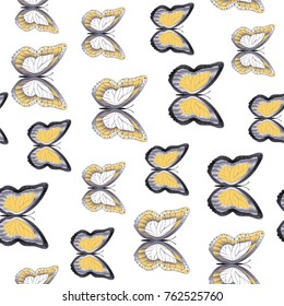 Seamless background from bright butterflies. Beautiful colorful butterflies chaotically fly. Seamless multicolored background with flying moths. Suitable for fabric, paper, packaging.