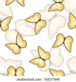 Seamless background from bright butterflies. Beautiful colorful butterflies chaotically fly. Seamless multicolored background with flying moths. Suitable for fabric, paper, packaging.