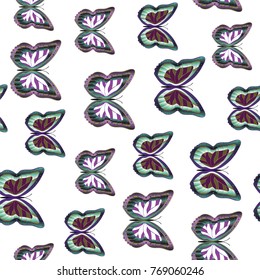 Seamless background from bright butterflies. Beautiful colorful butterflies chaotically fly. Seamless multicolored background with flying moths. Suitable for fabric, paper, packaging.
