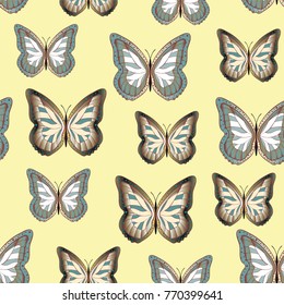 Seamless background from bright butterflies. Beautiful colorful butterflies chaotically fly. Seamless multicolored background with flying moths. Suitable for fabric, paper, packaging.
