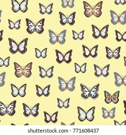 Seamless background from bright butterflies. Beautiful colorful butterflies chaotically fly. Seamless multicolored background with flying moths. Suitable for fabric, paper, packaging.