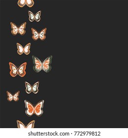 Seamless background from bright butterflies. Beautiful colorful butterflies chaotically fly. Seamless multicolored background with flying moths. Suitable for fabric, paper, packaging.