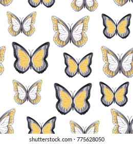 Seamless background from bright butterflies. Beautiful colorful butterflies chaotically fly. Seamless multicolored background with flying moths. Suitable for fabric, paper, packaging.