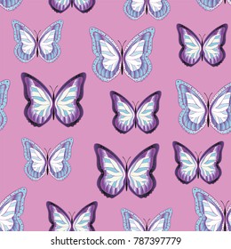 Seamless background from bright butterflies. Beautiful colorful butterflies chaotically fly. Seamless multicolored background with flying moths. Suitable for fabric, paper, packaging.