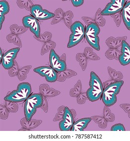 Seamless background from bright butterflies. Beautiful colorful butterflies chaotically fly. Seamless multicolored background with flying moths. Suitable for fabric, paper, packaging.