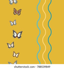 Seamless background from bright butterflies. Beautiful colorful butterflies chaotically fly. Seamless multicolored background with flying moths. Suitable for fabric, paper, packaging.