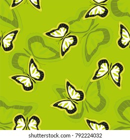 Seamless background from bright butterflies. Beautiful colorful butterflies chaotically fly. Seamless multicolored background with flying moths. Suitable for fabric, paper, packaging.