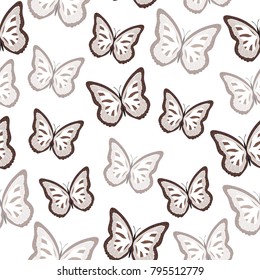 Seamless background from bright butterflies. Beautiful colorful butterflies chaotically fly. Seamless multicolored background with flying moths. Suitable for fabric, paper, packaging.