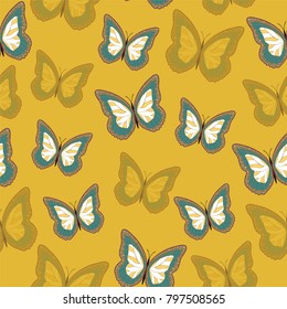 Seamless background from bright butterflies. Beautiful colorful butterflies chaotically fly. Seamless multicolored background with flying moths. Suitable for fabric, paper, packaging.