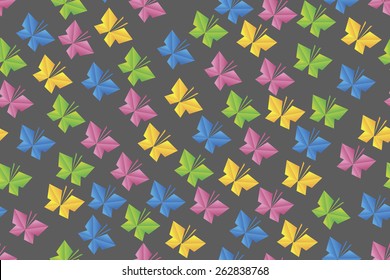 Seamless background with bright butterflies of different colors on dark