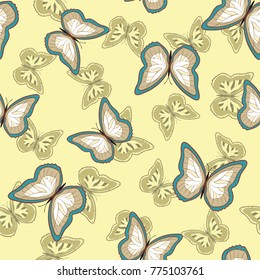 Seamless background from bright butterflies. Seamless multicolored background with flying moths. Suitable for fabric, paper, packaging.
