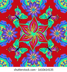 Seamless background from bright butterflies. Suitable for fabric. Vector. Beautiful colorful butterflies chaotically fly on red, green, blue colors. Seamless multicolored background with flying moths.