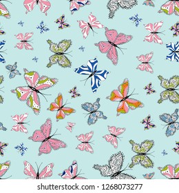 Seamless background from bright butterflies. Vector. Beautiful colorful butterflies chaotically fly on neutral, pink and white colors. Seamless multicolored background with flying moths.