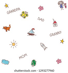 Seamless background with bright children's drawings and inscriptions
