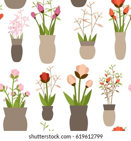 Seamless background with bright colored flowers in vases