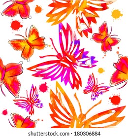 Seamless background with bright colored watercolor butterflies. Vector