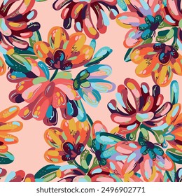 Seamless background with bright colors on a peach background. Flower buds painted with strokes of paint.