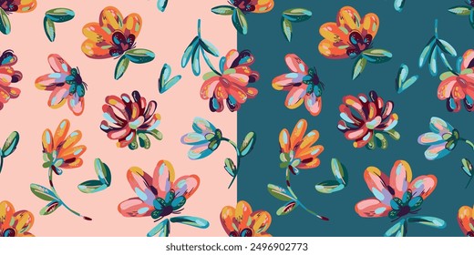 Seamless background with bright colors on a peach background. Flower buds painted with strokes of paint.