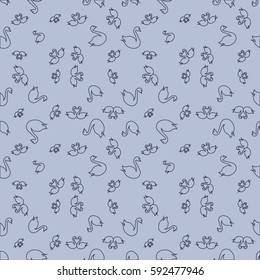 Seamless background bright flat stylized swans, a group of graceful swan birds. Texture for your creativity. Gentle romantic graphical birds regular pattern, outlined silhouettes, modern stylish print