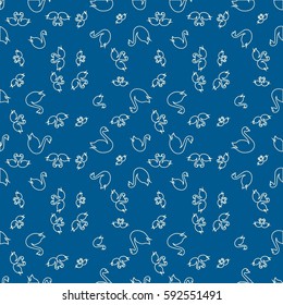 Seamless background bright flat stylized swans, a group of graceful swan birds. Texture for your creativity. Gentle romantic graphical birds regular pattern, outlined silhouettes, modern stylish print