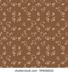 Seamless background bright flat stylized swans, a group of graceful swan birds. Texture for your creativity. Gentle romantic graphical birds regular pattern, outlined silhouettes, modern stylish print