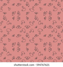 Seamless background bright flat stylized swans, a group of graceful swan birds. Texture for your creativity. Gentle romantic graphical birds regular pattern, outlined silhouettes, modern stylish print