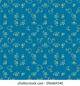 Seamless background bright flat stylized swans, a group of graceful swan birds. Texture for your creativity. Gentle romantic graphical birds regular pattern, outlined silhouettes, modern stylish print