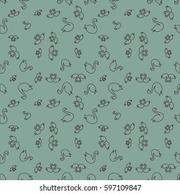 Seamless background bright flat stylized swans, a group of graceful swan birds. Texture for your creativity. Gentle romantic graphical birds regular pattern, outlined silhouettes, modern stylish print