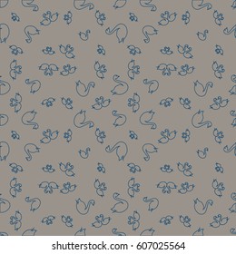 Seamless background bright flat stylized swans, a group of graceful swan birds. Texture for your creativity. Gentle romantic graphical birds regular pattern, outlined silhouettes, modern stylish print