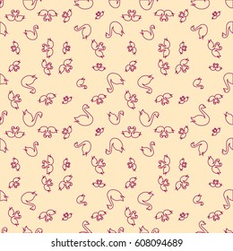 Seamless background bright flat stylized swans, a group of graceful swan birds. Texture for your creativity. Gentle romantic graphical birds regular pattern, outlined silhouettes, modern stylish print