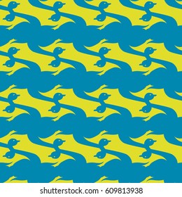 Seamless background bright flat stylized swans, a group of graceful swan birds. Texture for your creativity. Gentle romantic graphical birds regular pattern, outlined silhouettes, modern stylish print