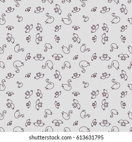 Seamless background bright flat stylized swans, a group of graceful swan birds. Texture for your creativity. Gentle romantic graphical birds regular pattern, outlined silhouettes, modern stylish print